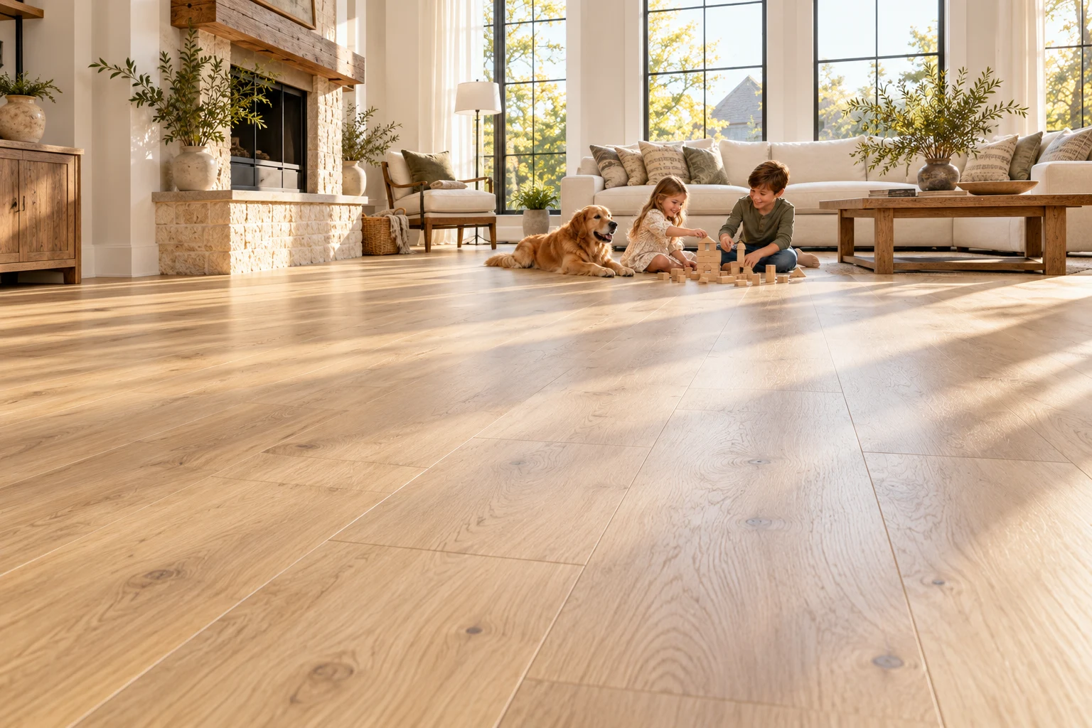 Children playing on oak-look flooring beside a golden retriever in a sunlit family room