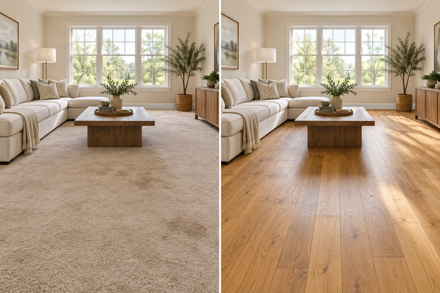 Illustrative comparison of the same living room with worn beige carpet on the left and new oak-look plank flooring on the right