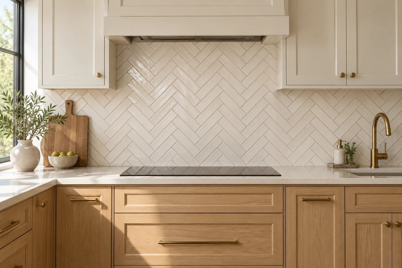 Warm white herringbone tile backsplash with oak cabinets, quartz countertops and brass accents