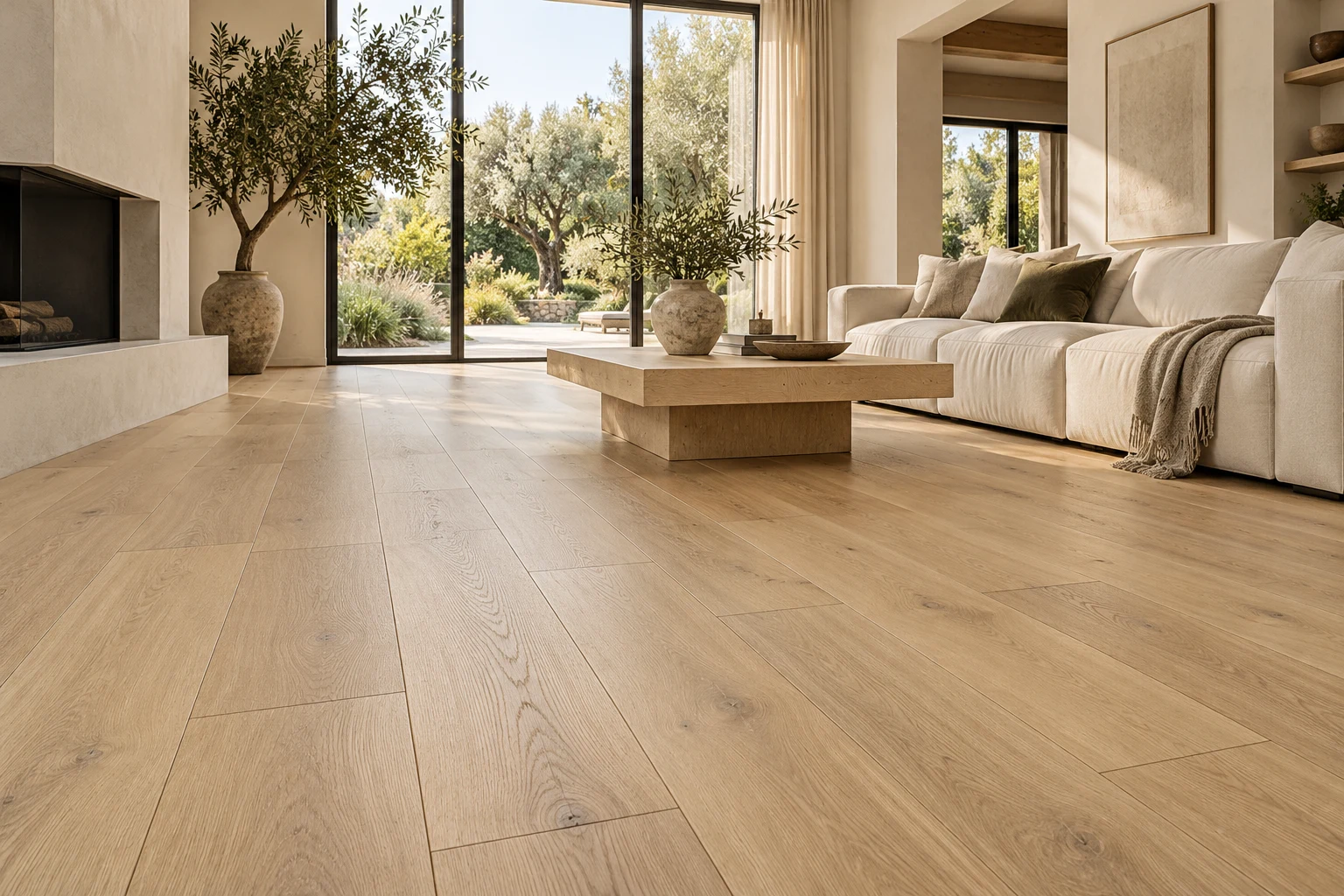 Design inspiration: sunlit modern living room with light oak-look flooring